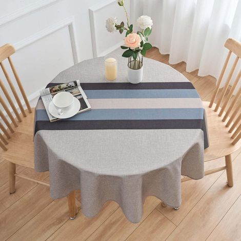 Nappe ronde 140 cm aspect lin lavable à rayures pour salle à manger & extérieur