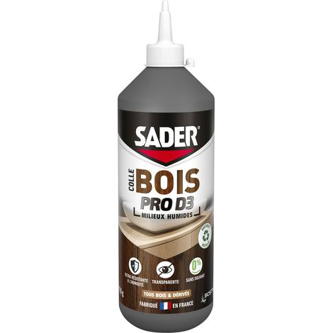 Sader Colle Vinylique Bois Pro D3 – Colle d'Assemblage et de Placage du Bois – Colle D3 Menuiseries Intérieures et Extérieurs Abrités – Colle Résistante à l'Humidité – Transparente – Biberon 750 g (1/4)