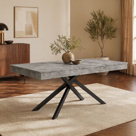 Mesa de comedor extensible 140-180/80 cm gris con patas cruzadas y tablero grueso (1/5)