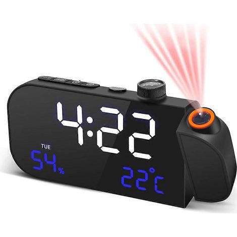 Réveil projecteur pour chambre à coucher avec radio FM, horloge numérique rotative à 270°, grand écran LED de 7 pouces, double alarme. (1/5)