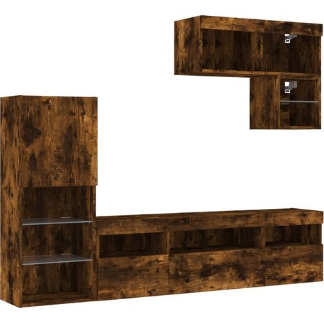 Set di mobili multimediali per TV mensola TV credenza mobile TV per sala da pranzo soggiorno camera da letto con illuminazione a LED 6 pezzi rovere affumicato legno composito marrone 020029451