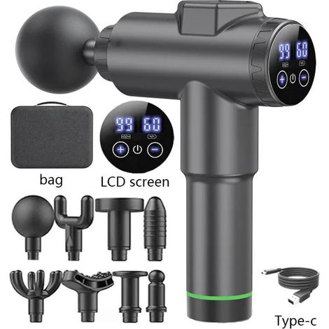 Pistolet de Massage Musculaire - 99 Niveaux Reglables - 8 Tetes de Massage - Ecran LCD HD - Noir (1/5)