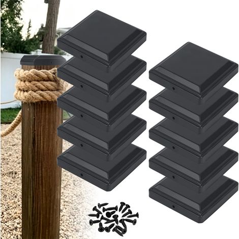 Lot de 10 capuchons de poteau de 7 x 7 cm, en métal, noirs, résistants aux intempéries, carrés, avec vis, pour poteaux en bois, clôture, jardin, terrasse 9 x 9 cm (1/5)