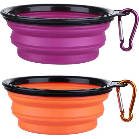 Gamelles pliables pour chiens et chats lot de 2 portables pour promenades voyages avec 2 mousquetons petit modèle orange et violet (1/5)