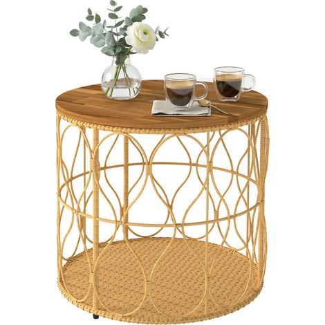 Table d'appoint Ø50 cm, table de jardin résistante aux intempéries aspect rotin, plateau en bois d'acacia, pieds réglables, teck