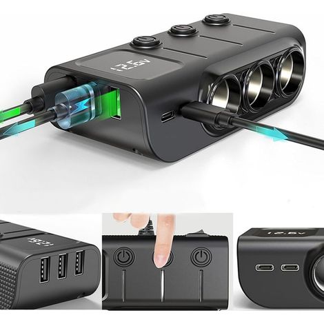 Chargeur Allume-Cigare de Voiture Socle Splitter 120W Adaptateur Allume-Cigare avec 3 Ports USB Interrupteur séparé Indicateur de Tension PD Charge Rapide pour téléphone Tablettes Dash Cam (1/5)