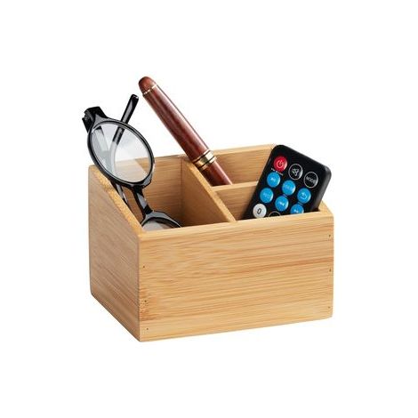WENKO Organisateur Bambou Terra 3 Compartiments 12x8 cm Brun - Boîte de rangement bambou 2er Set pour salle de bain - Organisateur maquillage et accessoires - Rangement pratique et élégant (1/5)