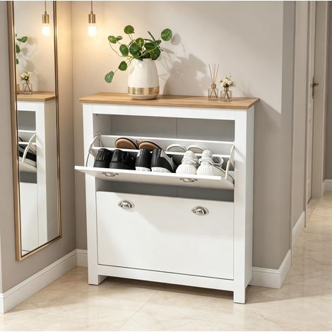 Meuble à chaussures 2 abattants, MDF E1 effet chêne et blanc, pour entrée, rangement pratique, 79x23x90,5 cm (1/5)