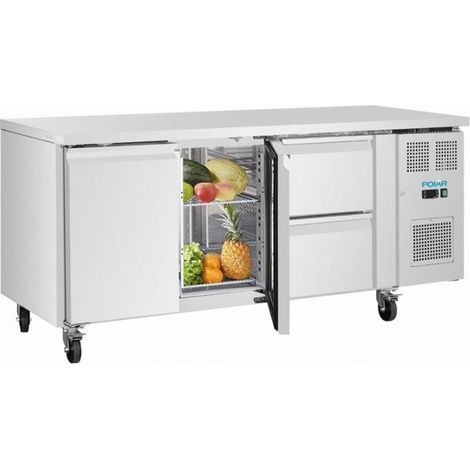 Table inox ventilée positive 242 Litres, 2 portes et 2 tiroirs format GN 1/1, sur roulettes, Série U, 300 W, 220 V - MONO (1/5)
