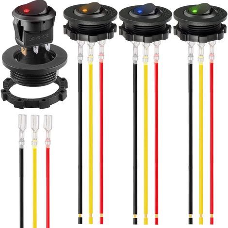 4Pcs rond Switch Rocker Shell DC 12V 20A. DC 24V 10A. SPST 3 Pin On Off Red/Blue/Green/Yellow LED éclairé interrupteur avec coquille ronde et fils de borne verrouillés 4Color (1/5)