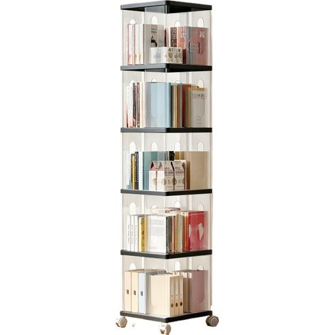 Bibliothèque rotative sur pied avec roulettes silencieuses, étagère de rangement mobile 360°, noir, 5 niveaux (1/5)