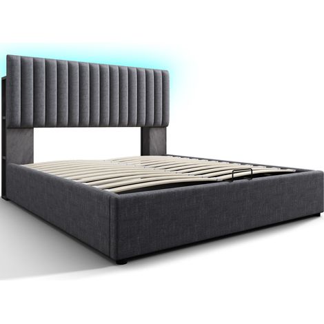 Polsterbett 140 x 200 cm mit Stauraum, LED und USB Type-C, grau (1/5)