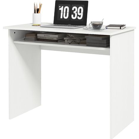 Modern Computer Desk, Home Office Table, Small Writing Desk Storage Shelf, 90 x 50cm, White Wood Grain (1/5)