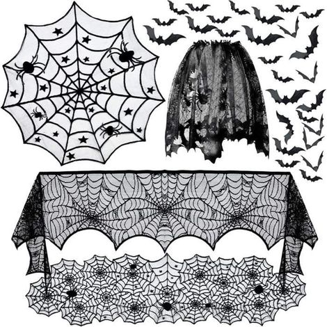 5 pièces d'ensemble de décoration Halloween, VIPITH Toile d'araignée, chauve-souris effrayante, dentelle, filets de cheminée, abat-j (1/4)