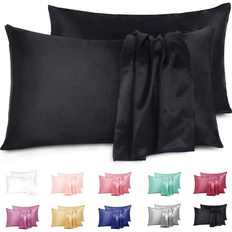 Juego de fundas de almohada de satén (negras), 51 x 66 cm. Estas suaves fundas de microfibra son delicadas con la piel, inhiben el crecimiento de ácaros del polvo y son hipoalergénicas.