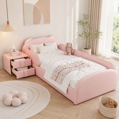 Letto bambini 90 x 200 cm in PU rosa con testiera a forma di orso, comodino e cassetto HAVRYA (1/5)