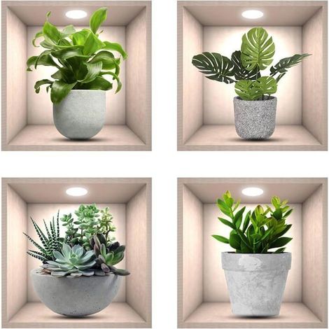 stickers muraux cuisine, 4pcs réaliste vert plante imperméable mur art stickers 3D muraux salon chambre salle de bains décoration (1/5)