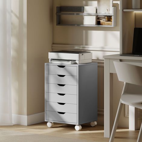 Mobiletto da scrivania con 6 cassetti e ruote scorrevoli silenziose, ideale per l'ufficio domestico, colore grigio.