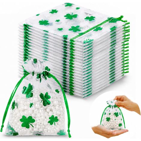 Sachets Organza Trèfle Vert 24 Pièces, Pochettes Cadeau à Cordon Pour Bonbons Fleurs Séchées Bijoux, Emballage Porte Bonheur Pour Amis Collègues (1/5)