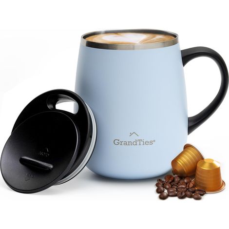 Tasse à café isotherme avec poignée – Couvercle coulissant anti-éclaboussures – Tasse isotherme de 473,6 g avec double paroi sous vide en acier inoxydable pour garder les boissons chaudes (1/5)