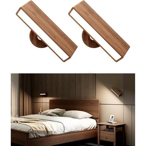 Magnetische Holz-Wandleuchte, USB-wiederaufladbar, Nachttischlampe, 360° drehbar, Touch-Steuerung, Nussbaum, 2er-Set.