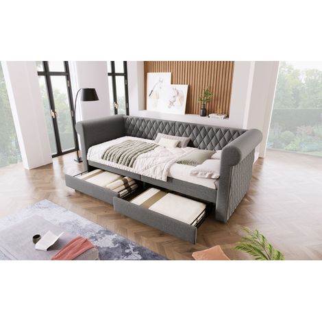 Lit banquette gris 90x200 cm avec tête de lit vintage, 2 tiroirs et sommier à lattes pour chambre d enfant et d adolescent (1/5)