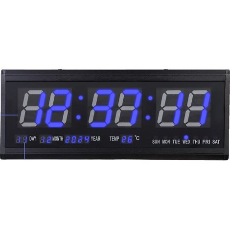Orologio da parete digitale a LED con indicatore di data e temperatura e grandi numeri blu. (1/5)