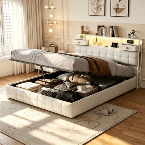 lit double 160x200 avec 2 tiroirs- Lit coffre-lit adulte avec rangement à vérin hydraulique-cadre de lit pour 2 personnes-lit rembourré-avec LED et USB-Beige-velours-Matelas non compris (1/5)