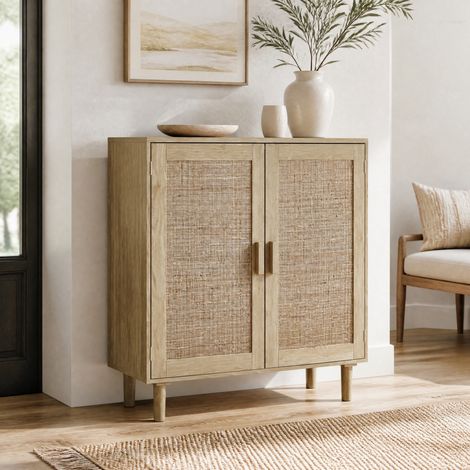 Armario de almacenamiento de 2 puertas (80x40x88 cm), puertas magnéticas, tiradores de madera maciza, MDF, natural (1/5)