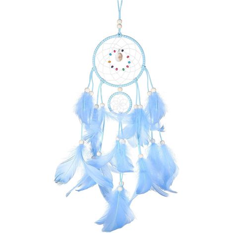 Attrape-rêves en plumes et coquillages, ornement artisanal aux perles multicolores, décoration bleue pour voiture ou maison, fait main (1/5)