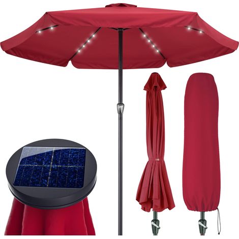 KINGSLEEVE® Sombrilla de Jardin Aluminio Ø 330cm Parasol Luces LEDs Protección UV 80+ Manivela Terraza Balcón Rojo
