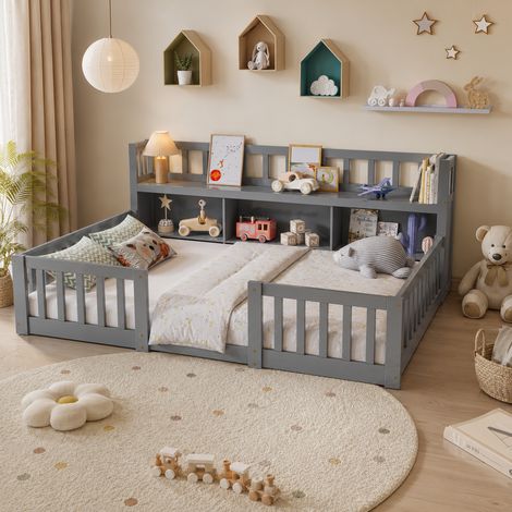Lit enfants sur pied 90×200 cm, bibliothèque intégrée, lit simple, barrières de sécurité et entrée, cadre de lit 90×200, espace de rangement, style moderne, sommier à lattes, lit ados, Bois, Gris (1/5)