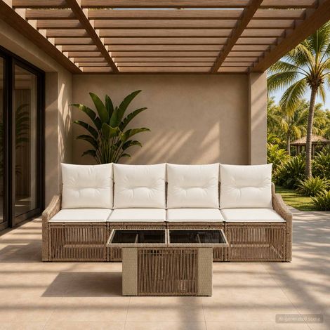 vidaXL Conjunto de sofás de jardín 5 uds. Beige y blanco crema (1/5)