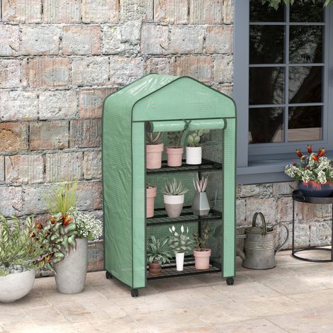 Mini serre jardin couverture PE 3 étagères roues verte - Dimensions: 69x49x130cm