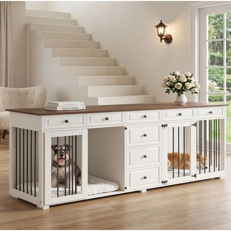 Gabbia/mobile per 2 cani con 8 cassetti e serrature di sicurezza, struttura in MDF e metallo, colore bianco. (1/5)