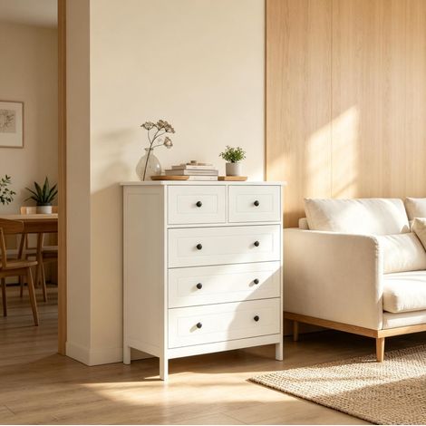 Commode 5 tiroirs blanche en panneaux MDF et particules, 74x40x91 cm, meuble de rangement compact (1/5)