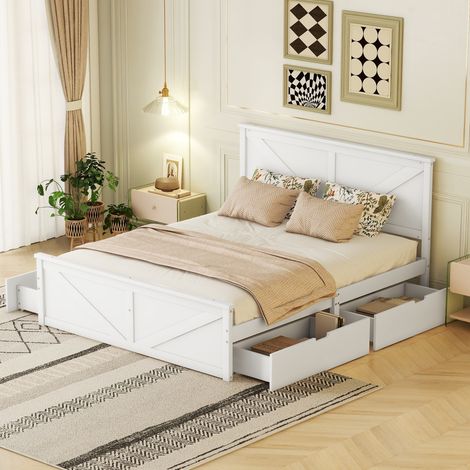 MEUBLIV Lit 160x200 cm blanc – 4 tiroirs et tête de lit, sans matelas (1/5)