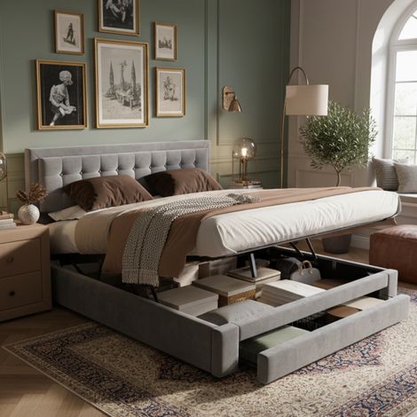 Cama tapizada de terciopelo gris 160x200 cm con almacenaje integrado y cabecero ajustable (1/5)