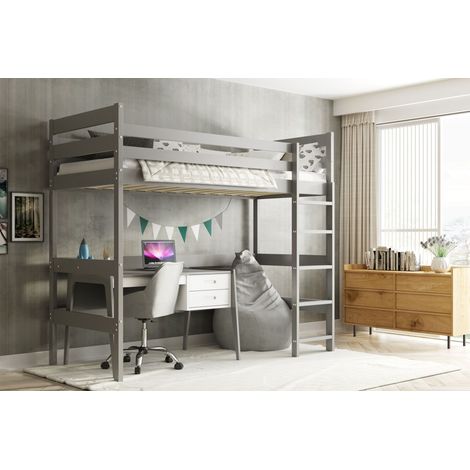 Lit mezzanine haut en bois massif naturel – Dimensions matelas 90x200 cm – Barrière de sécurité – Sommier inclus – Design éco-scandinave (1/4)
