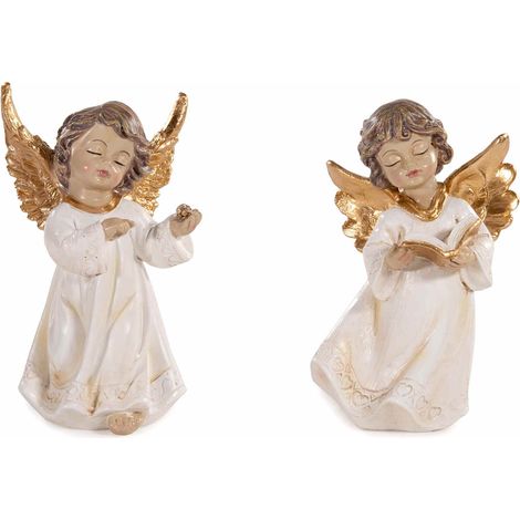 Angelots de Noël en résine colorée avec ailes dorées à poser, lot de 4, 7 x 6 x H. 13 cm