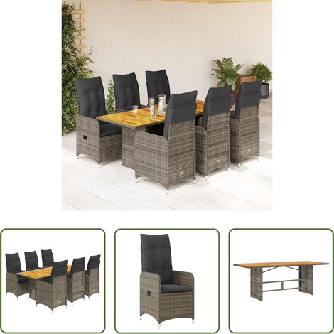 Gartentisch - 7-tlg. Garten-Bistro-Set mit Kissen Grau Poly Rattan (1/5)