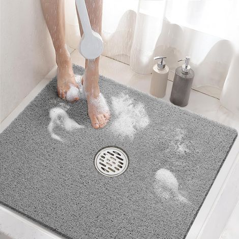 Tapis de douche carré, 60 x 60 cm, antidérapant, en PVC souple, avec trous de drainage, séchage rapide, sans ventouse, gris (1/5)