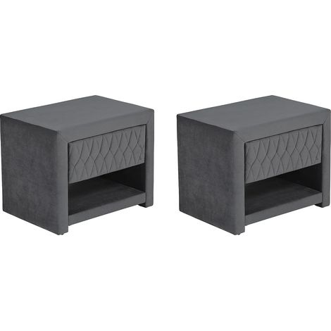 Lot de 2 tables de chevet - 1 tiroir et 1 niche - Tissu velours - Gris - DANIELE (1/5)