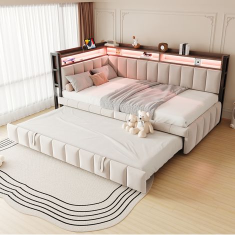 Lit gigogne 90x200 cm avec LED et rangement, tête de lit avec ports USB et Type-C, en velours, beige, sans matelas (1/5)