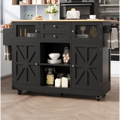 Carrito de cocina 140/70/93,5 cm negro con superficie abatible y 2 cajones (1/5)