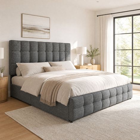 DESMIU Lit coffre 140 × 200 cm 2 places avec 4 tiroirs, tête de lit réglable, sans matelas, gris (1/5)