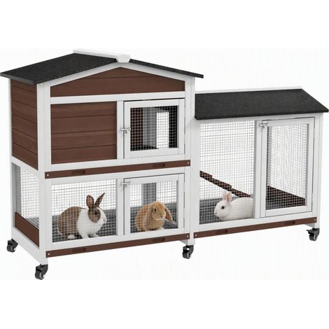 PawHut conejera de madera 157,4x53x99,5 cm jaula para conejos grande con ruedas Techo asfáltico bandejas extraíbles y rampa para exterior marrón (1/5)