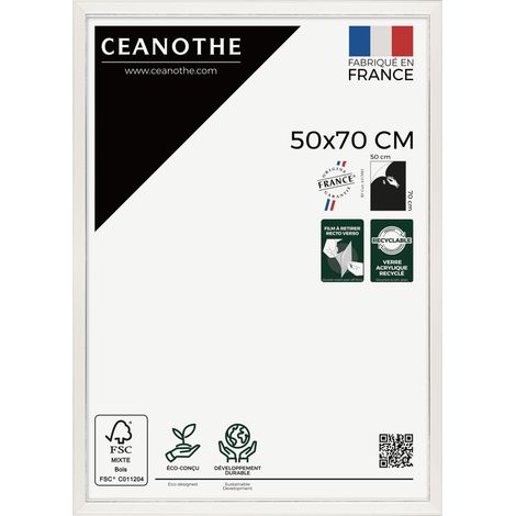 Cadre Photo Blanc 50x70 cm et 70x50 cm - Convient au A2 et Affiche Poster - Nez biseauté en argent patiné  - Cadre Photo Vittoria Bois Massif FSC - Fabriqué en France - Verre acrylique Incassable