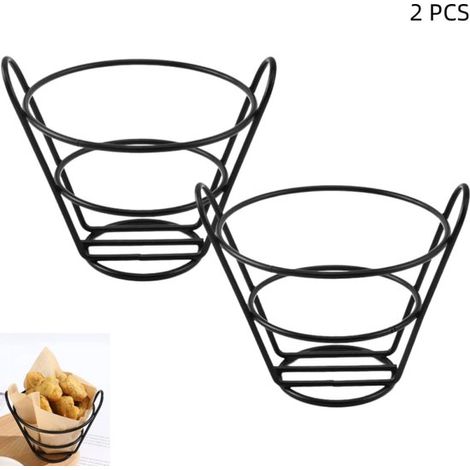 Estante para papas fritas de metal negro de 2 piezas, cesta perforada para snacks de 13,5 x 10 x 6,5 cm para cocina, bar, restaurante y fiestas. (1/5)