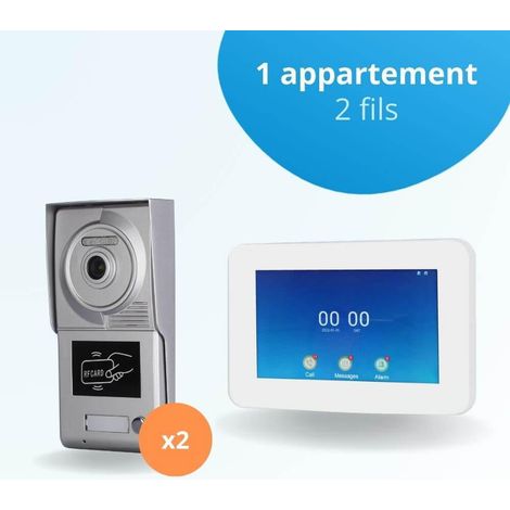 Portier interphone vidéo NEO 2 Fils pour 2 entrées - 1 appartement - 2 platines - 1 écran tactile connecté 7" blanc - avec lecteur de badge